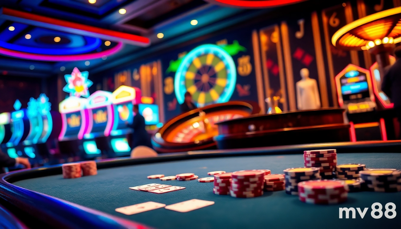 Players celebrate big wins at the MV88 casino poker table, showcasing excitement and strategy.
