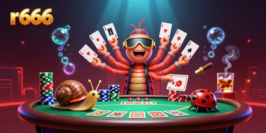 Experience the thrill of r 666 with a vibrant casino scene featuring a whimsical dealer and players.