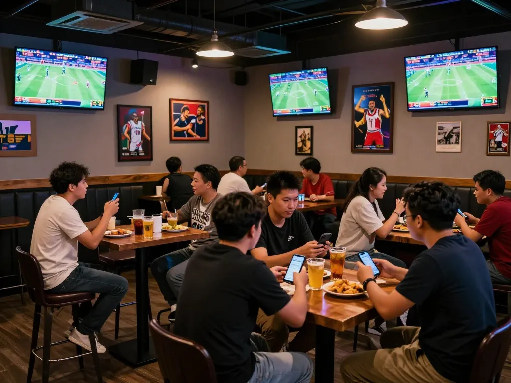 Kèo nhà cái action in a lively sports bar with patrons cheering for their bets.