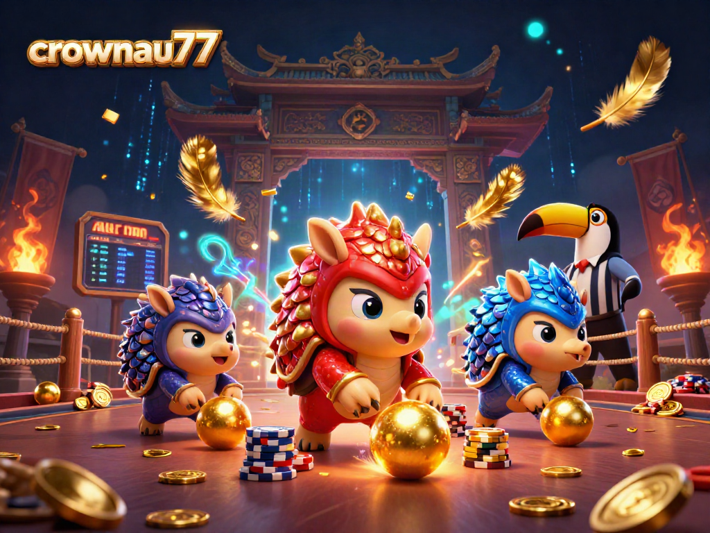 Crownau77 rivals compete fiercely in a vibrant casino challenge, surrounded by colorful chips and golden decorations.
