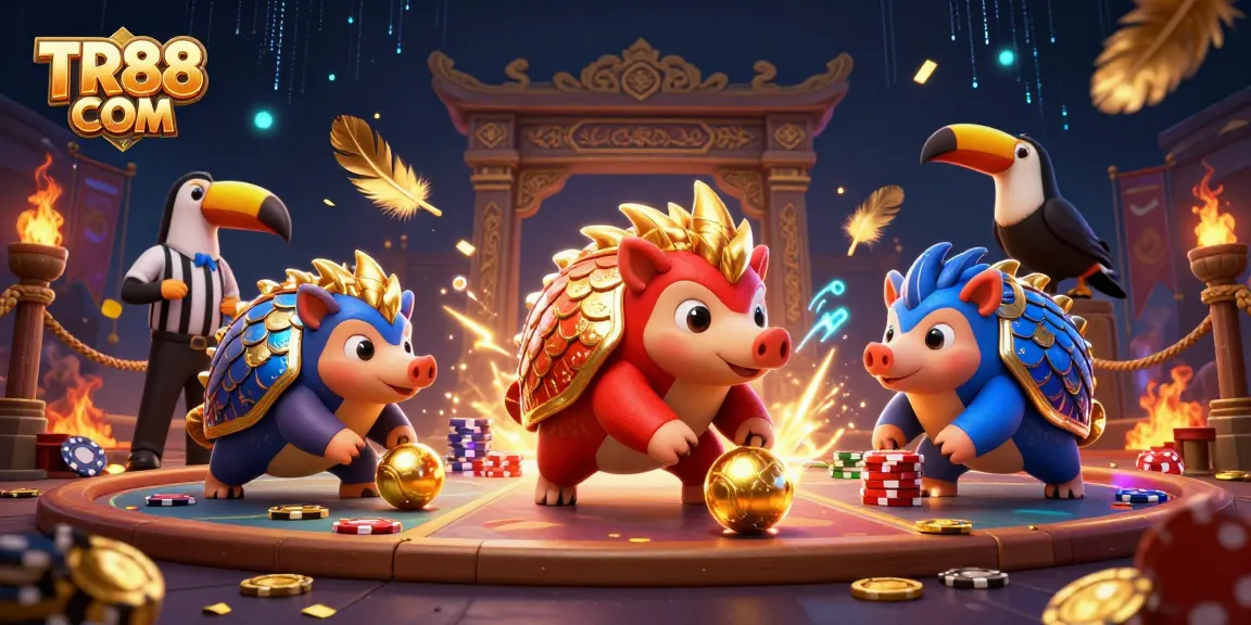 Experience thrilling action at TR88 COM as cartoon pangolins battle through casino-themed challenges, showcasing vibrant scenes.