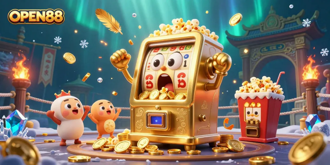 Experience the excitement of OPEN88 as the golden slot machine hits the jackpot, surrounded by celebrating characters and vibrant casino elements.