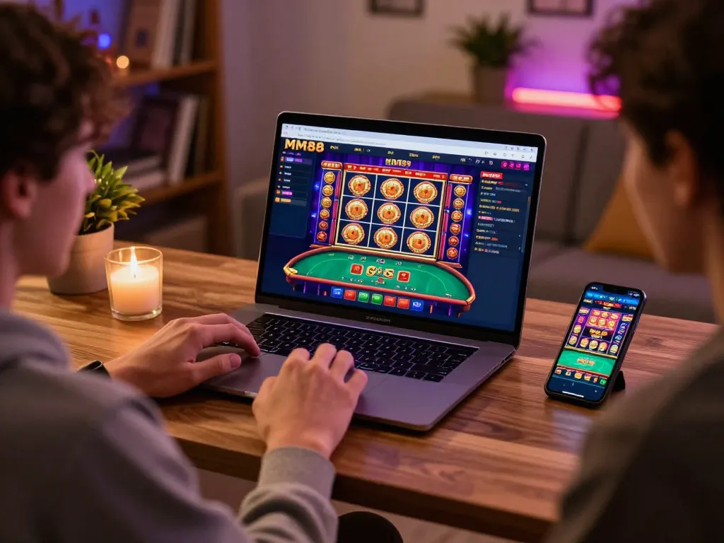 Engaging with MM88 online casino on a laptop at home, showcasing vibrant gaming setup.