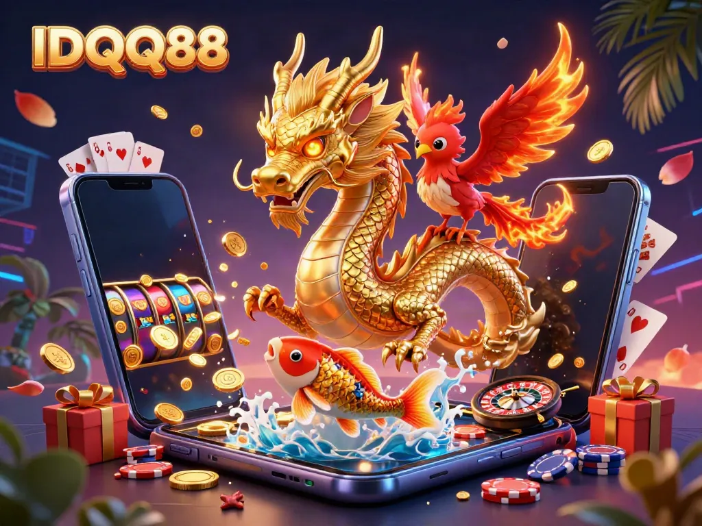 Experience the thrill of IDQQ88 gaming with a vibrant scene featuring a dragon, phoenix, and koi fish amidst casino elements.