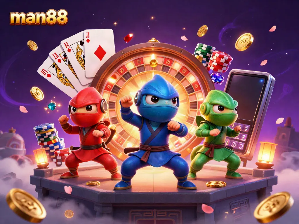 Experience thrilling gaming at man88 with vibrant 3D chameleons amidst jackpot symbols and rich slots elements.