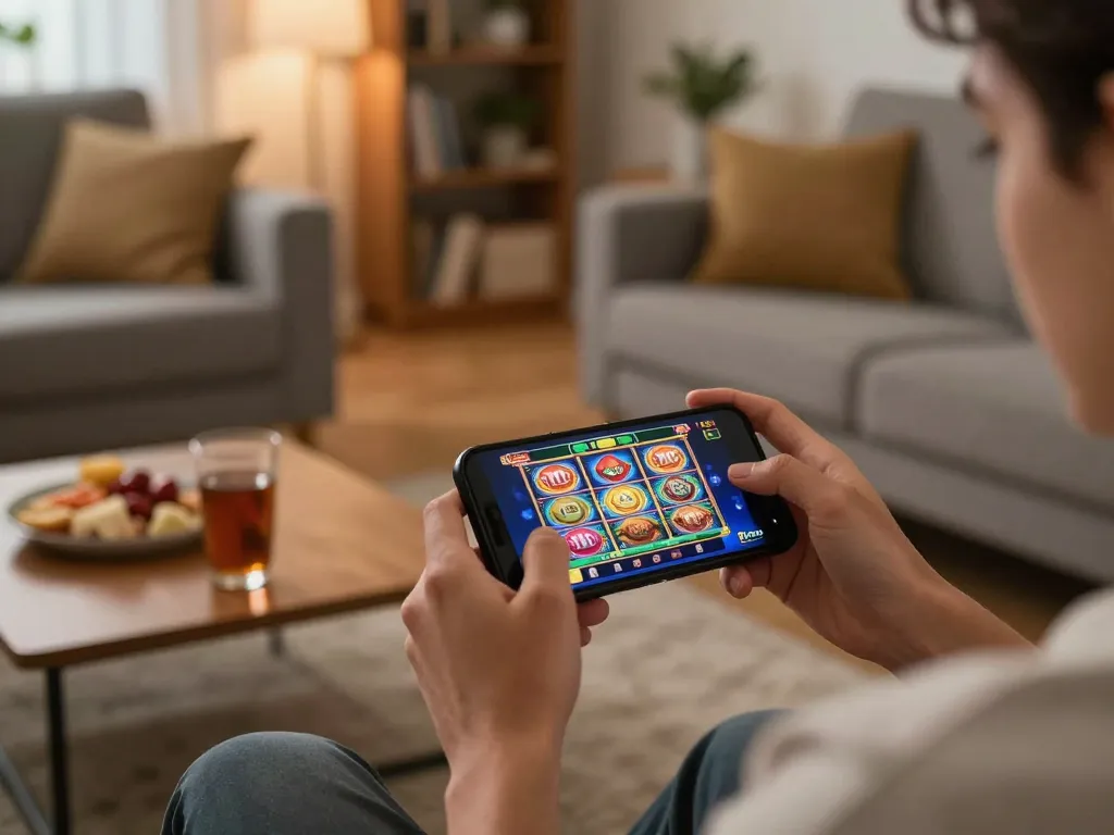 Duitgini mobile gaming scene with a player enjoying online slots on smartphone in a cozy living room