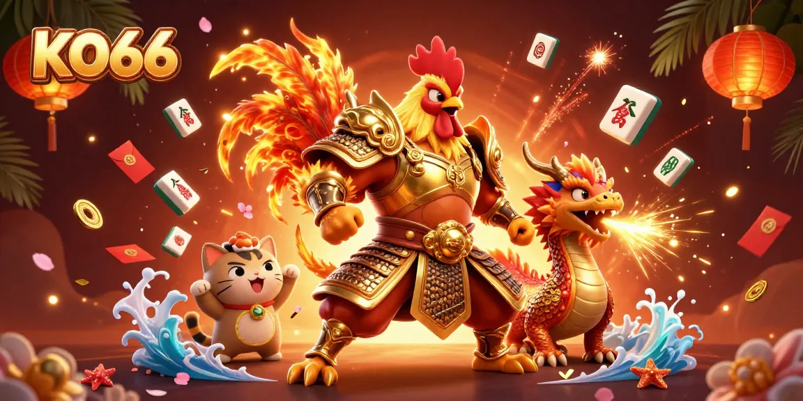 Experience exciting gameplay at KO66 with a vibrant 3D casino illustration depicting warriors and symbols of fortune.