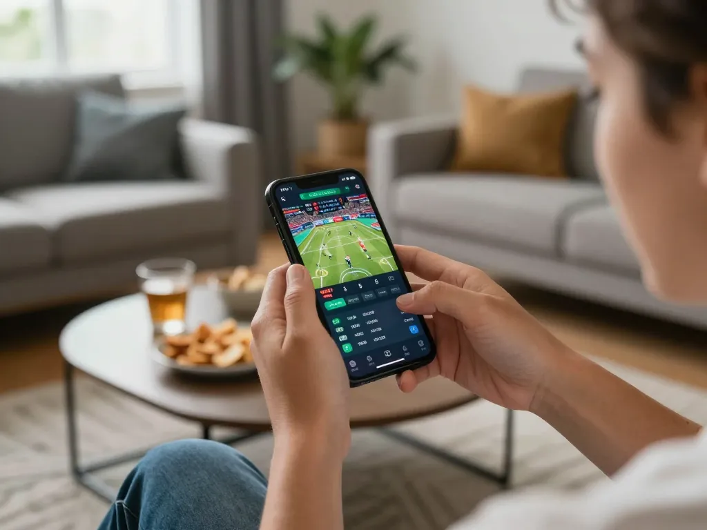 Person actively using a smartphone for sports betting on the da88gg app in a cozy living room setting