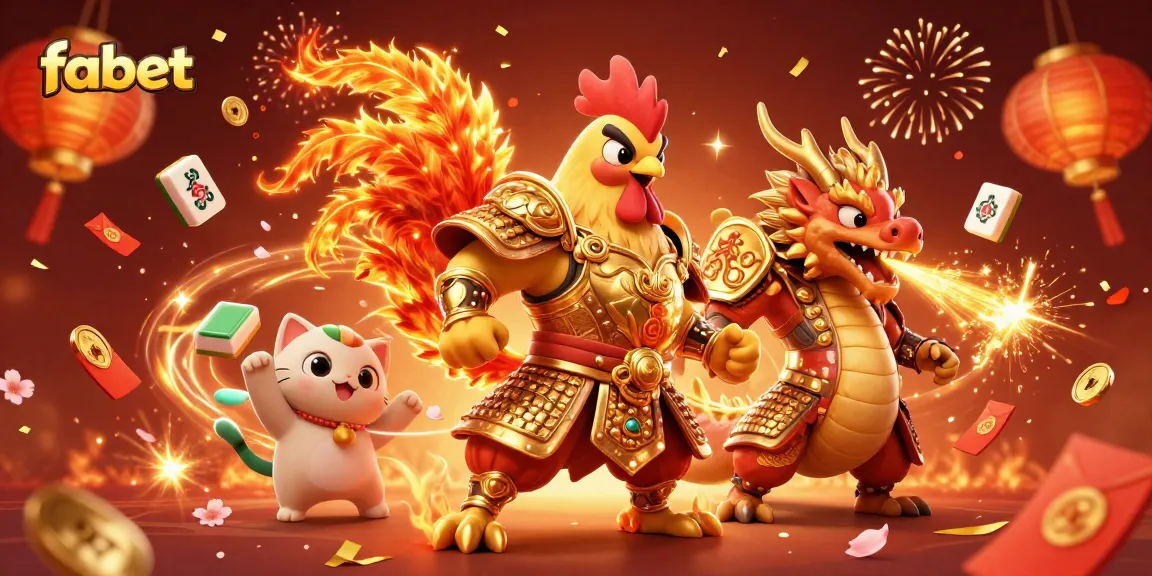 Experience the excitement of fabet with a dynamic 3D casino scene featuring a rooster warrior and dragon hatchling.