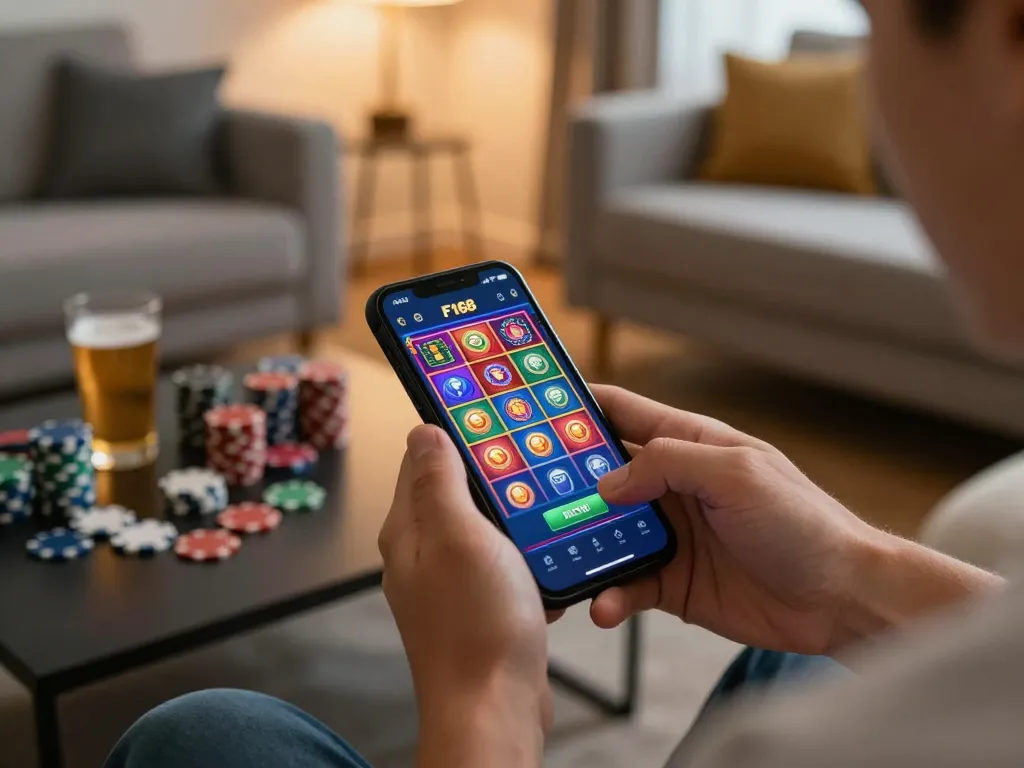 Engaging gameplay on F168 casino app showcasing colorful slots in a cozy home setting