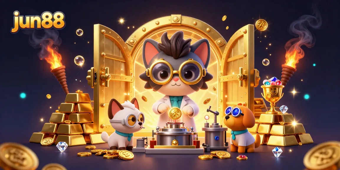 Experience thrilling gaming action with jun88 at an exciting cartoon casino scene featuring a mad scientist cat.