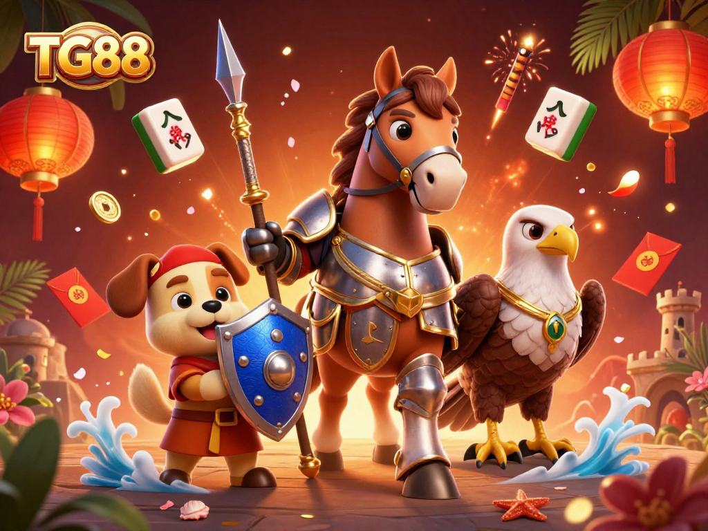 Experience the excitement of TG88 as cartoon characters engage in a vibrant casino atmosphere with Mahjong tiles and festive decorations.