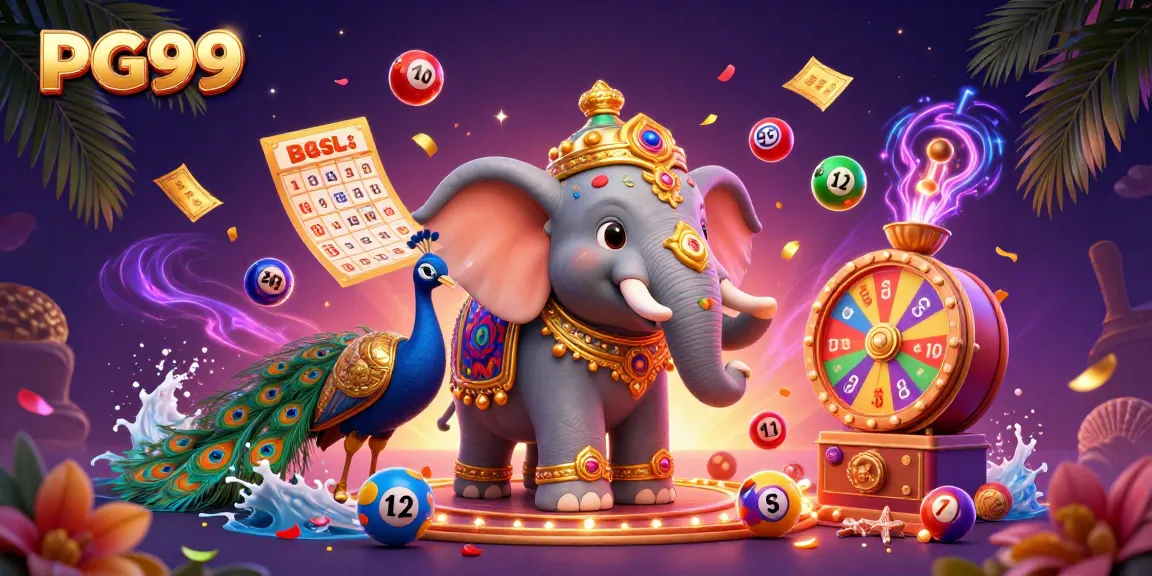 Play jackpot games at PG99, featuring vibrant elements like lottery balls and dynamic golden prizes.