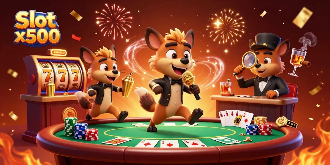 Enjoy the thrilling Slot x500 gaming experience with cartoon hyenas running a vibrant casino.