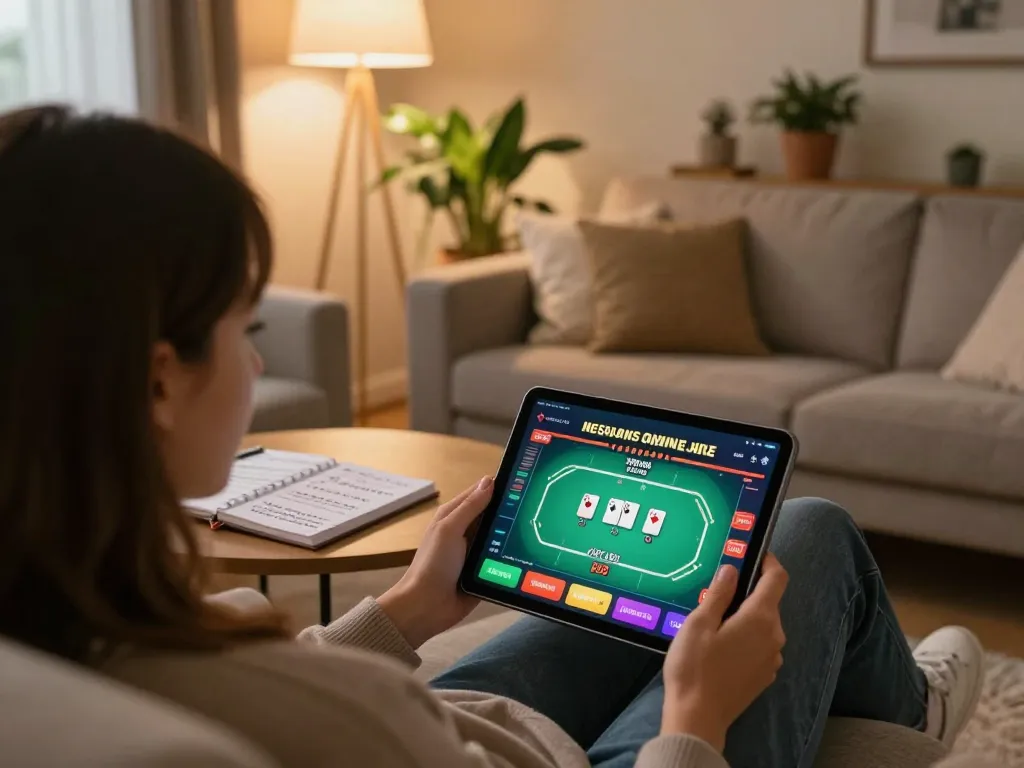 Engage with SC88 casino online on a cozy home sofa with a tablet interface showing poker.
