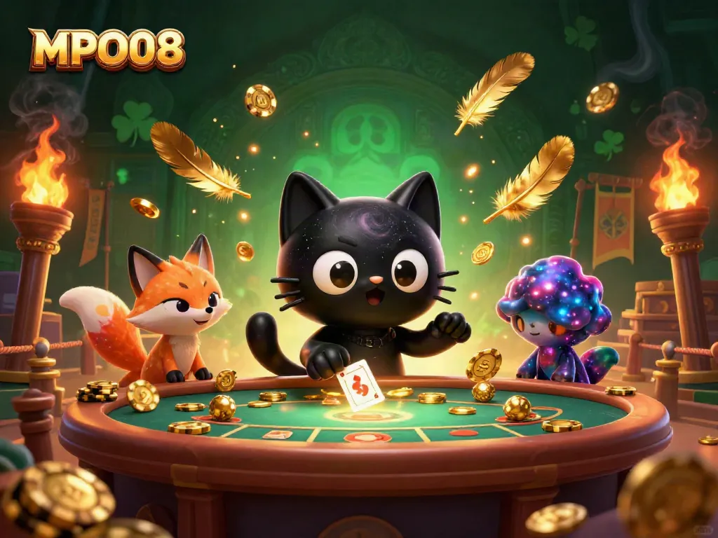 Engaging MPO08 themed illustration with a cosmic cat and nebula fox at a dynamic casino table.