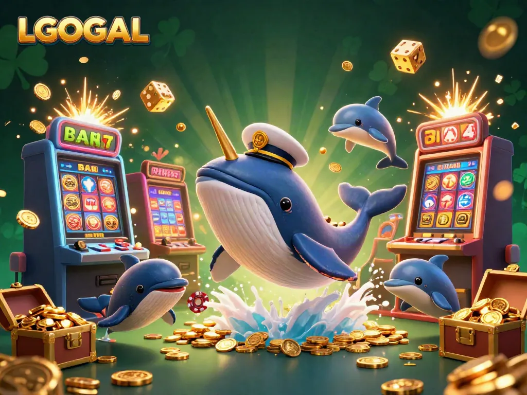 Experience the vibrant world of LGOGOAL with a playful scene of a whale, narwhal, and dolphins in a casino-themed environment.
