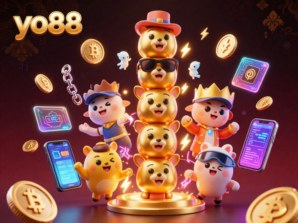 Engage with the vibrant yo88 casino featuring a dynamic totem pole in a packed scene of illuminated crypto elements.
