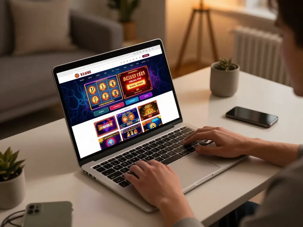 Engaging online gaming setup showing TR88s casino interface on a laptop with multiple games displayed.