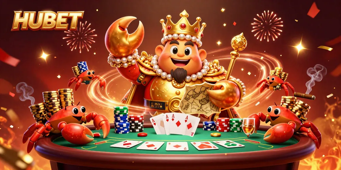 Experience thrilling gameplay with HUBET's vibrant casino scene featuring a golden crab and playful characters.