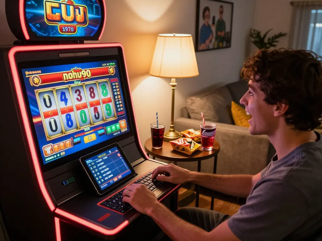 Engaged player celebrating a win on nohu90 online slot machine in a cozy home setting.