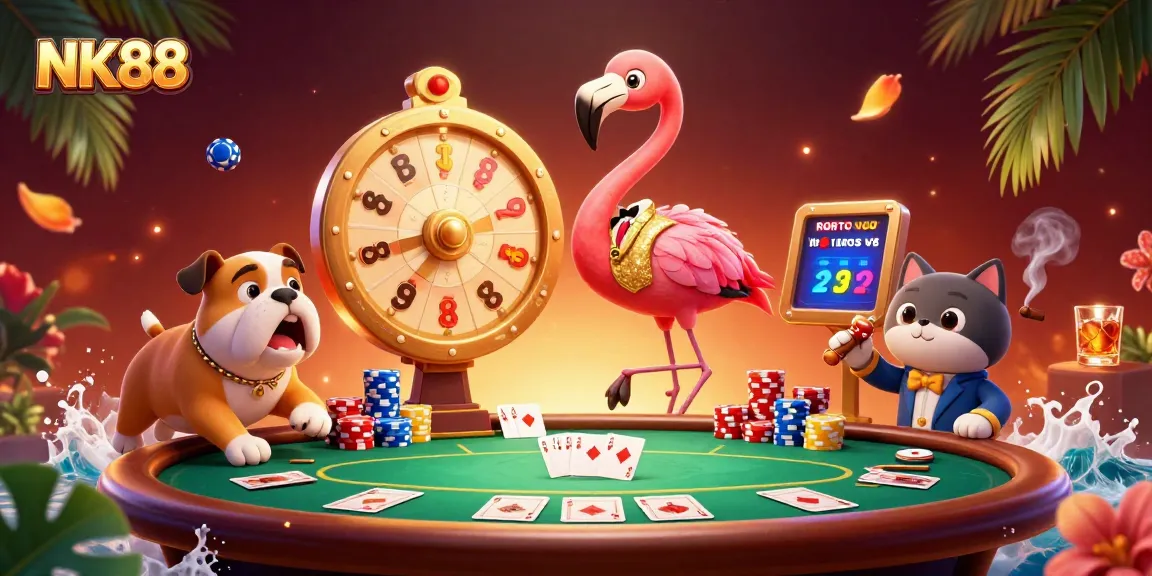 Engage with NK88's vibrant casino scene featuring dynamic characters and thrilling game elements.