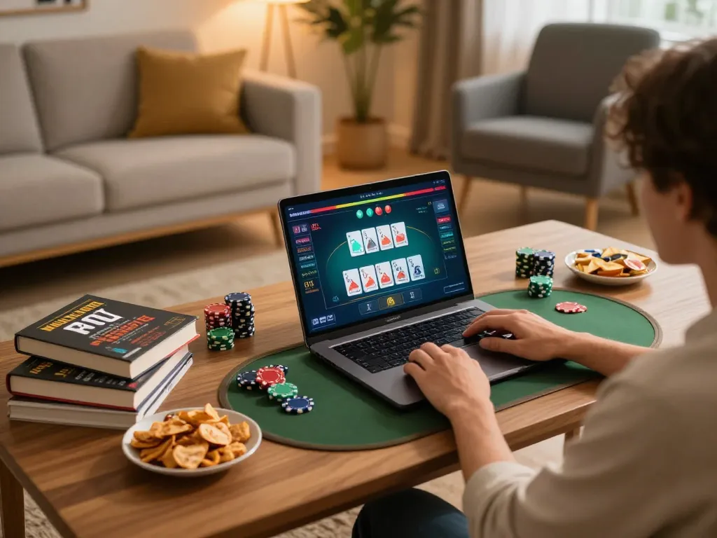 79king players engaged in strategic online poker session at home with cozy decor