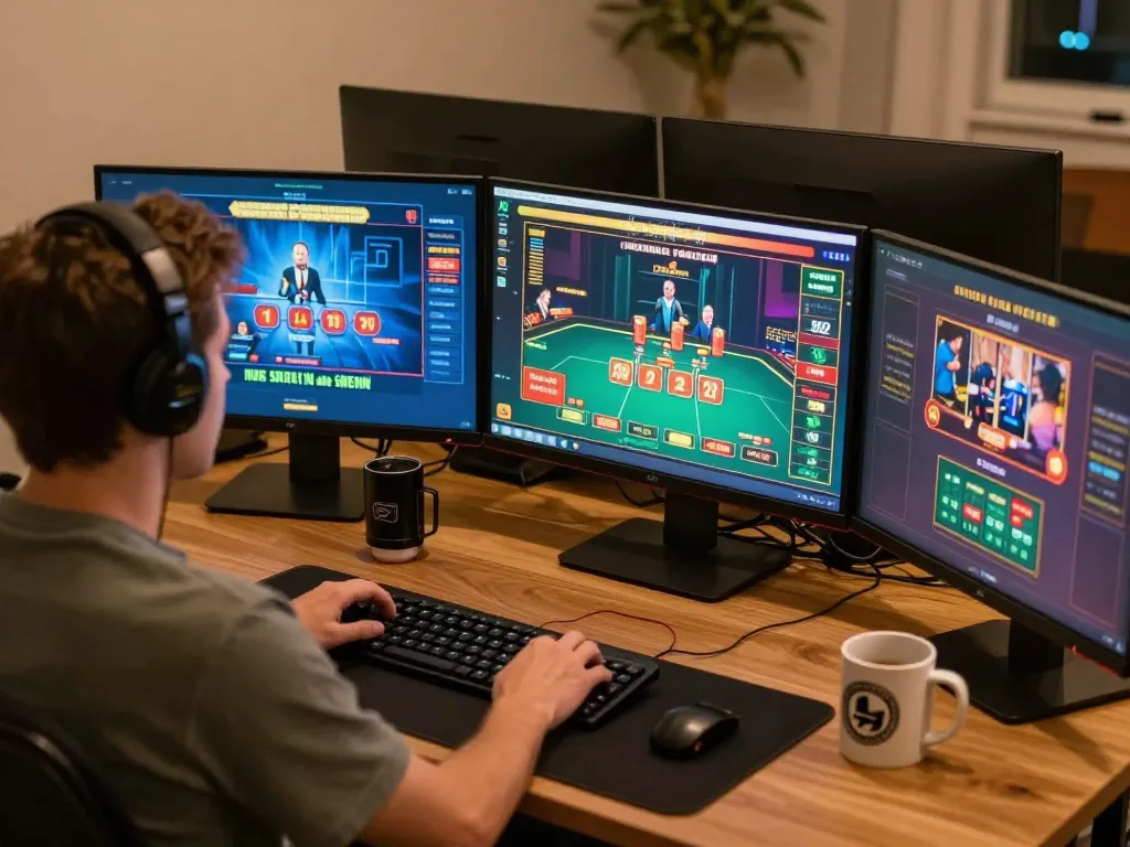Engaging online gaming scene at LC88 with vibrant screens showcasing live dealer games