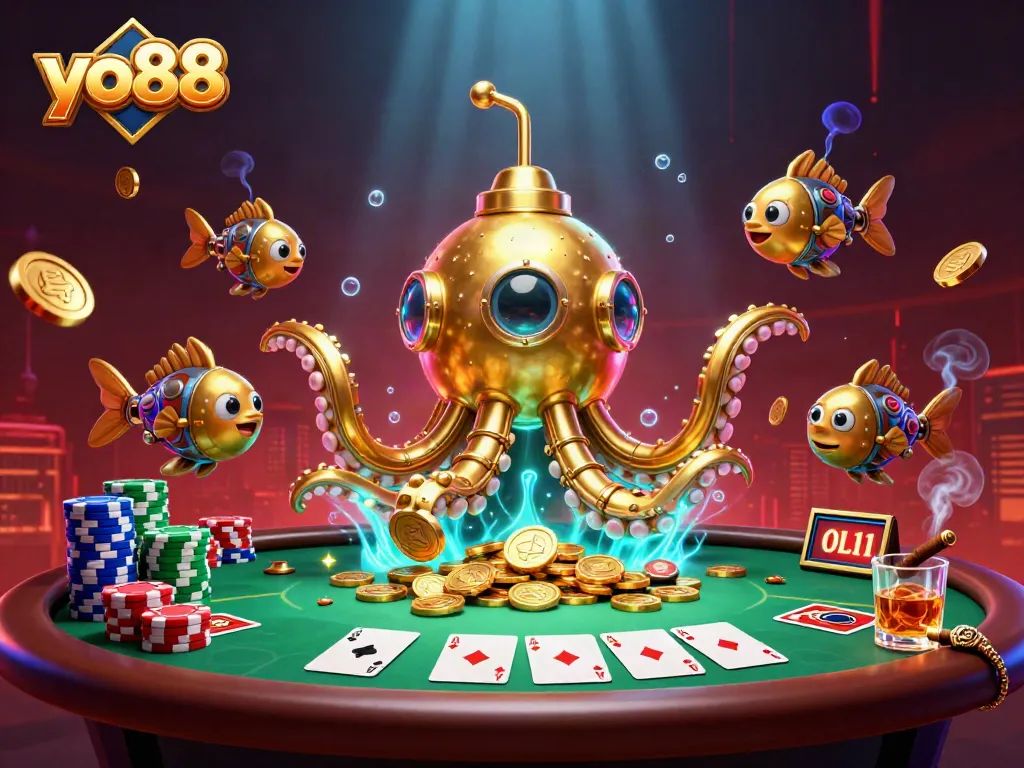 Experience thrilling gameplay at yo88 with a golden kraken submarine amidst poker tables and chip stacks.