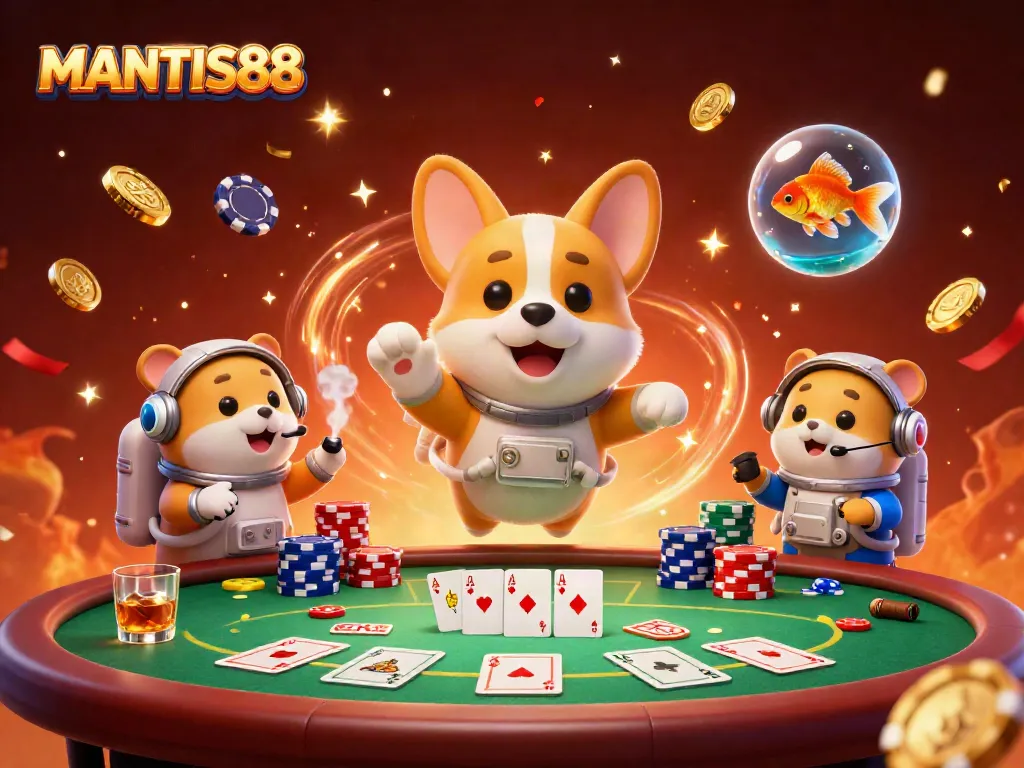 Join the excitement at MANTIS88, featuring a thrilling zero gravity casino scene with playful characters and vibrant elements.