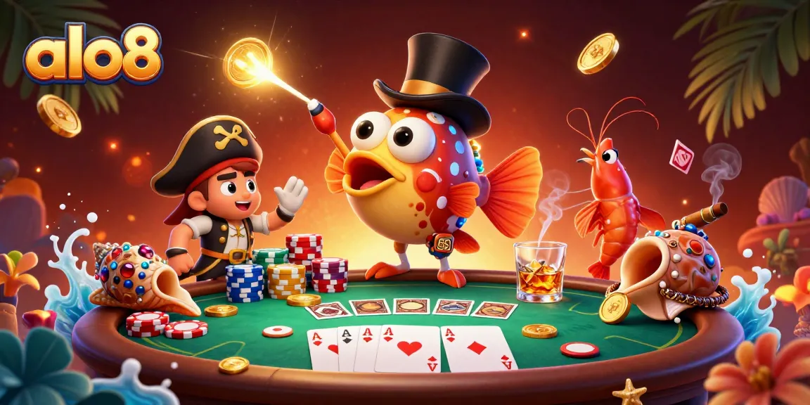 Engage in exciting gaming at alo8 with a vivid illustration of an anglerfish and friends in a vibrant casino scene.