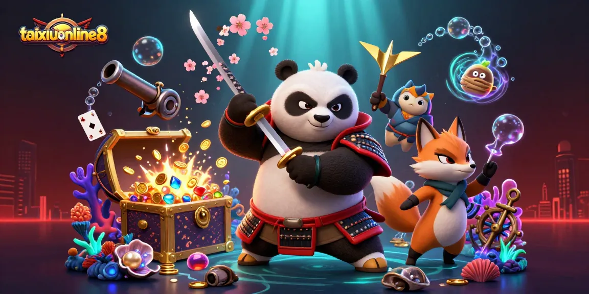 Experience thrilling bets at taixiuonline8 with vibrant 3D panda samurai and magical elements.