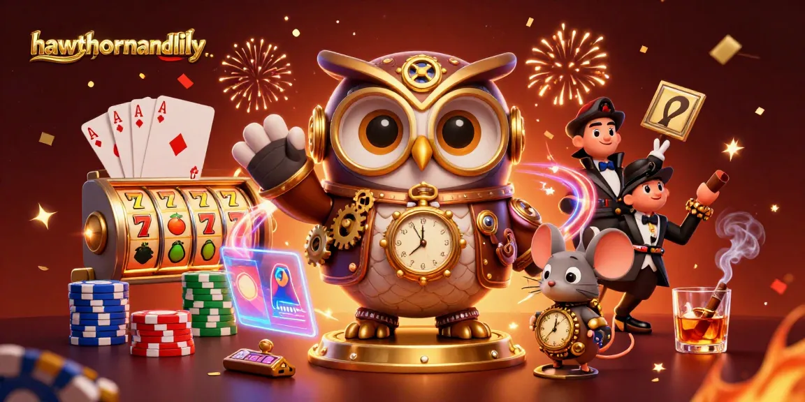 Experience hawthornandlily's vibrant slot gameplay with a steampunk owl and clockwork mouse in a detailed casino setting.