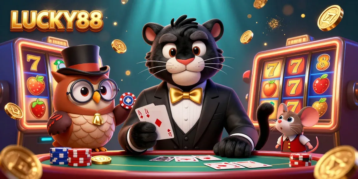 LUCKY88 showcases a stylish panther dealing cards amidst vibrant slots and sparkling gold coins.