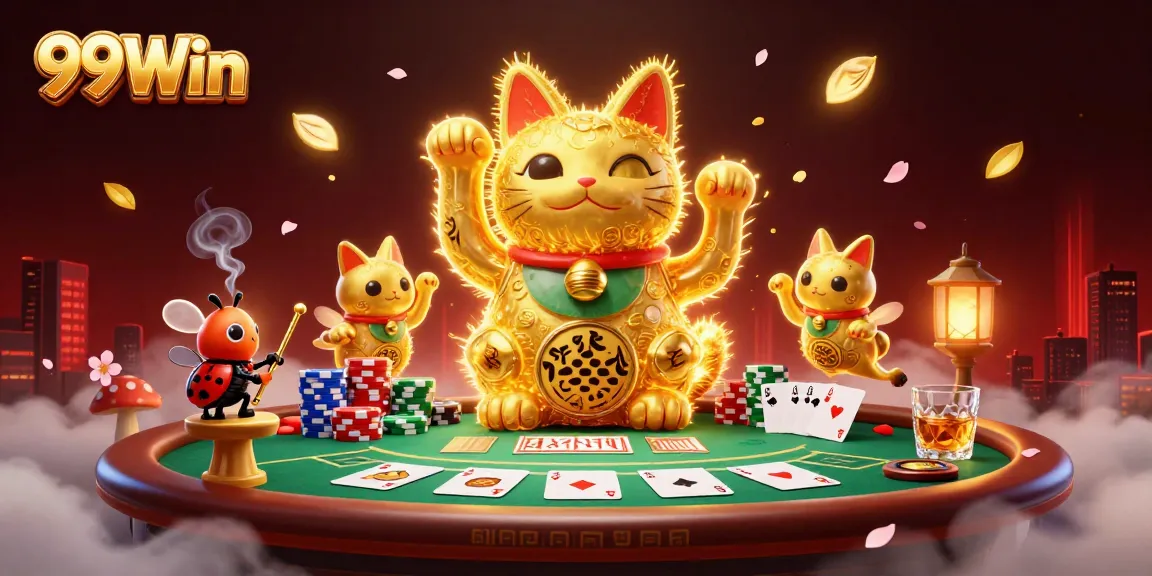 Experience the vibrant energy of 99Win with a lucky cat illustration amidst casino symbols.