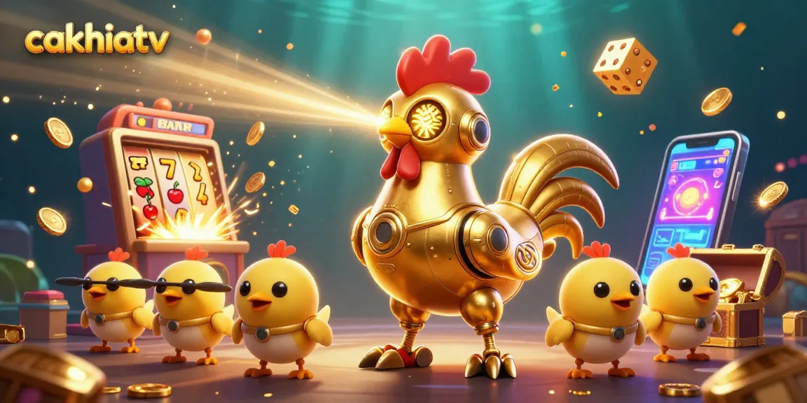 Experience thrilling action on cakhiatv with dynamic golden rooster robot and baby chick drones amidst festive casino symbols.