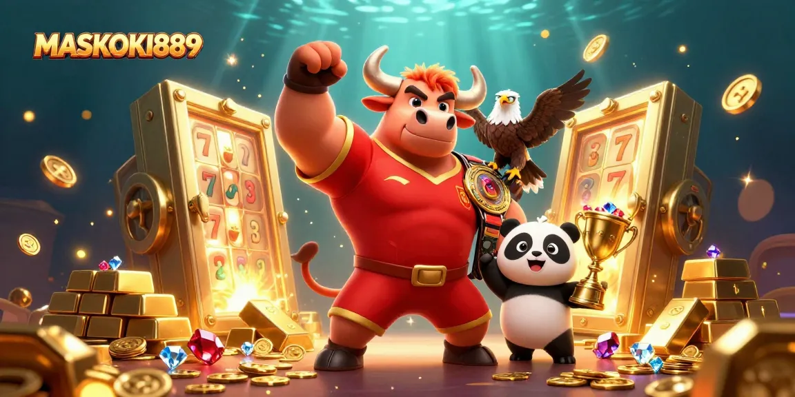 Experience the excitement at MASKOKI889 with vibrant 3D casino characters celebrating a jackpot!
