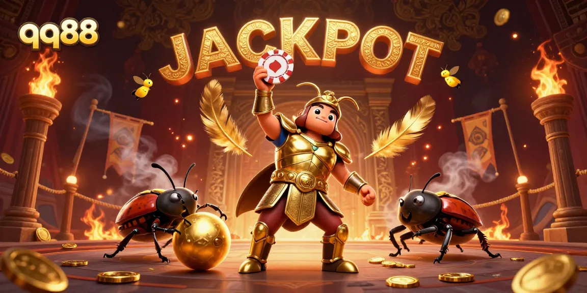 Experience the thrill of qq88 with a victorious beetle in gladiator armor lifting a poker chip in a dynamic casino scene.