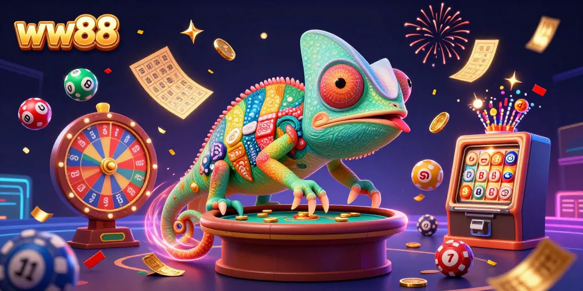 Engage in exhilarating bets at WW88 featuring a colorful chameleon owner in an electric casino atmosphere.
