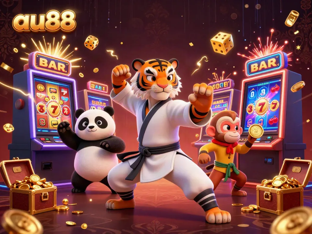 Engage with exciting slot machines and dynamic casino elements at au88 in this vibrant 3D illustration.