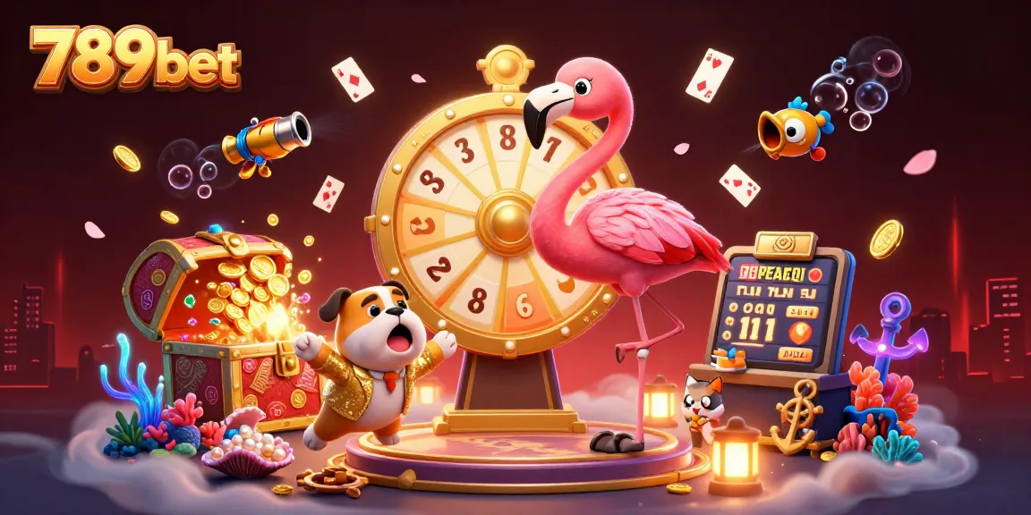 Win big with 789bet as a flamingo host spins a golden prize wheel, entertaining in a vibrant casino scene.