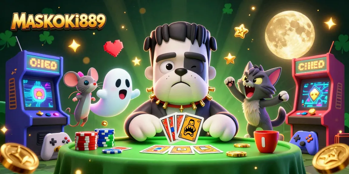 Engage with MASKOKI889 in an exhilarating 3D casino scene featuring unique characters and gaming elements.