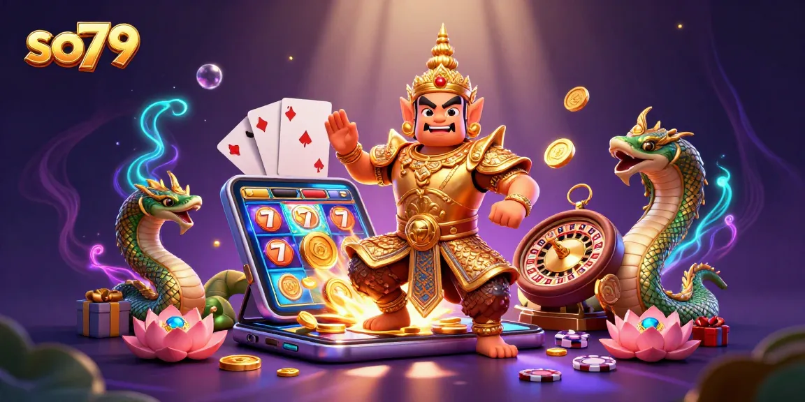 Experience the vibrant gaming world of so79 with a friendly yaksha guardian amidst dazzling slot games and golden treasures.