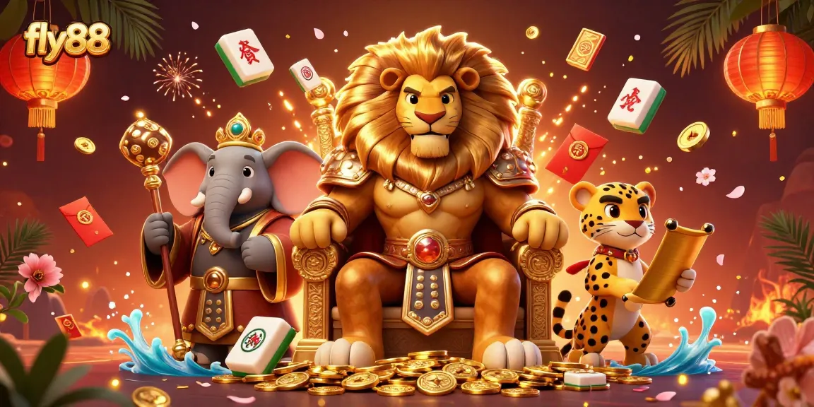 Experience the excitement of fly88 with vibrant characters and casino elements in this dynamic 3D illustration.