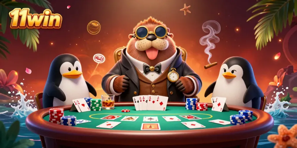 Experience thrilling poker action at 11win with this vibrant underwater casino illustration.