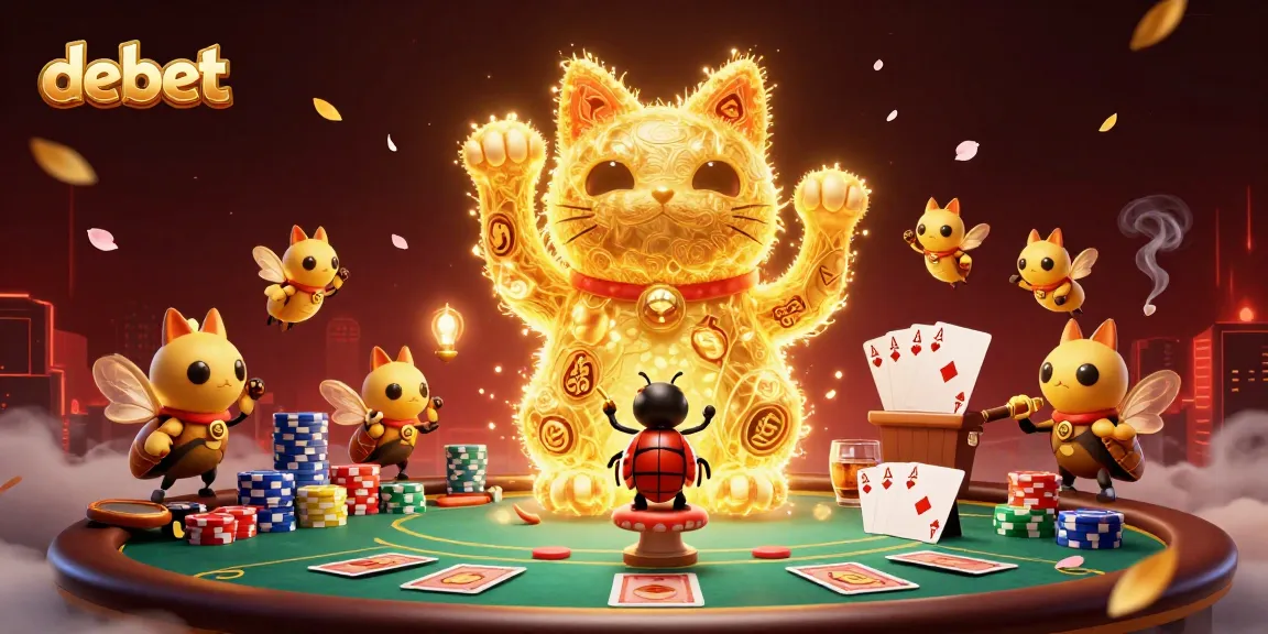 Engage with debet's lucky cat casino scene featuring vibrant poker elements.