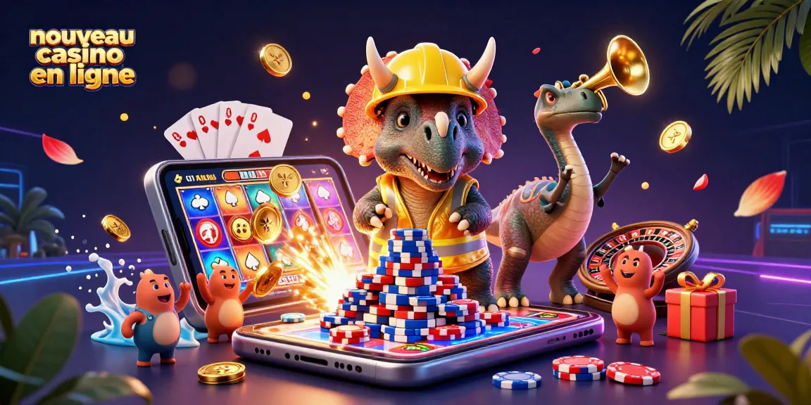 Découvrez le nouveau casino en ligne, joyeux personnages construisant des pyramides de jetons dans une scène festive.