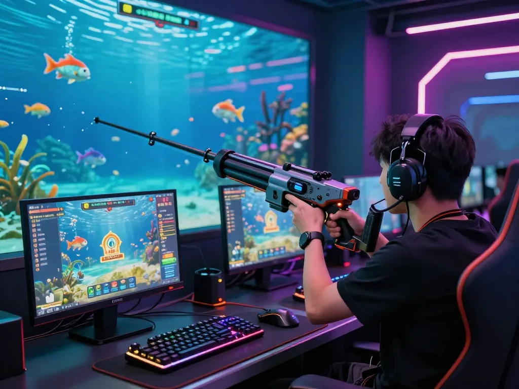 Bắn cá hubet88 gameplay with a player aiming in a vibrant underwater world