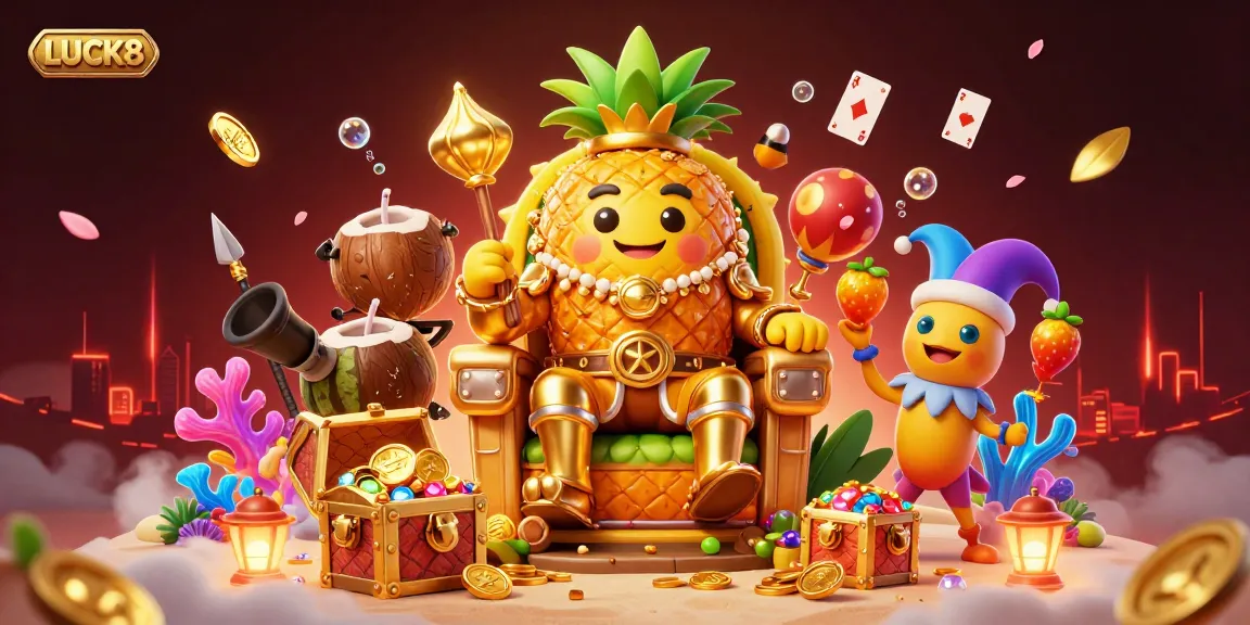 Immerse in LUCK8's gaming adventure with vibrant casino characters and treasure-filled scenes.