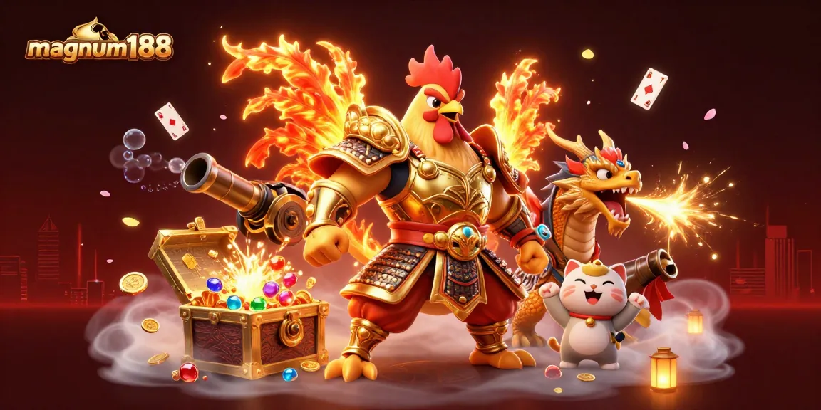Win big on magnum188 with a dynamic scene of a fighting rooster, dragon, and fortune cat amidst a treasure-filled casino atmosphere.